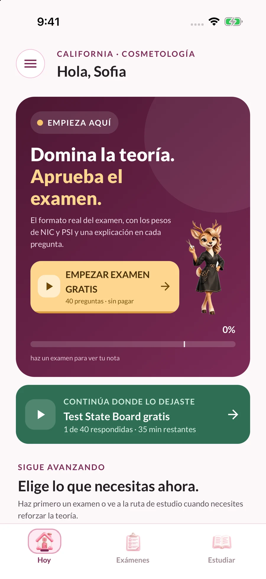 Captura real de GlowExam: inicio