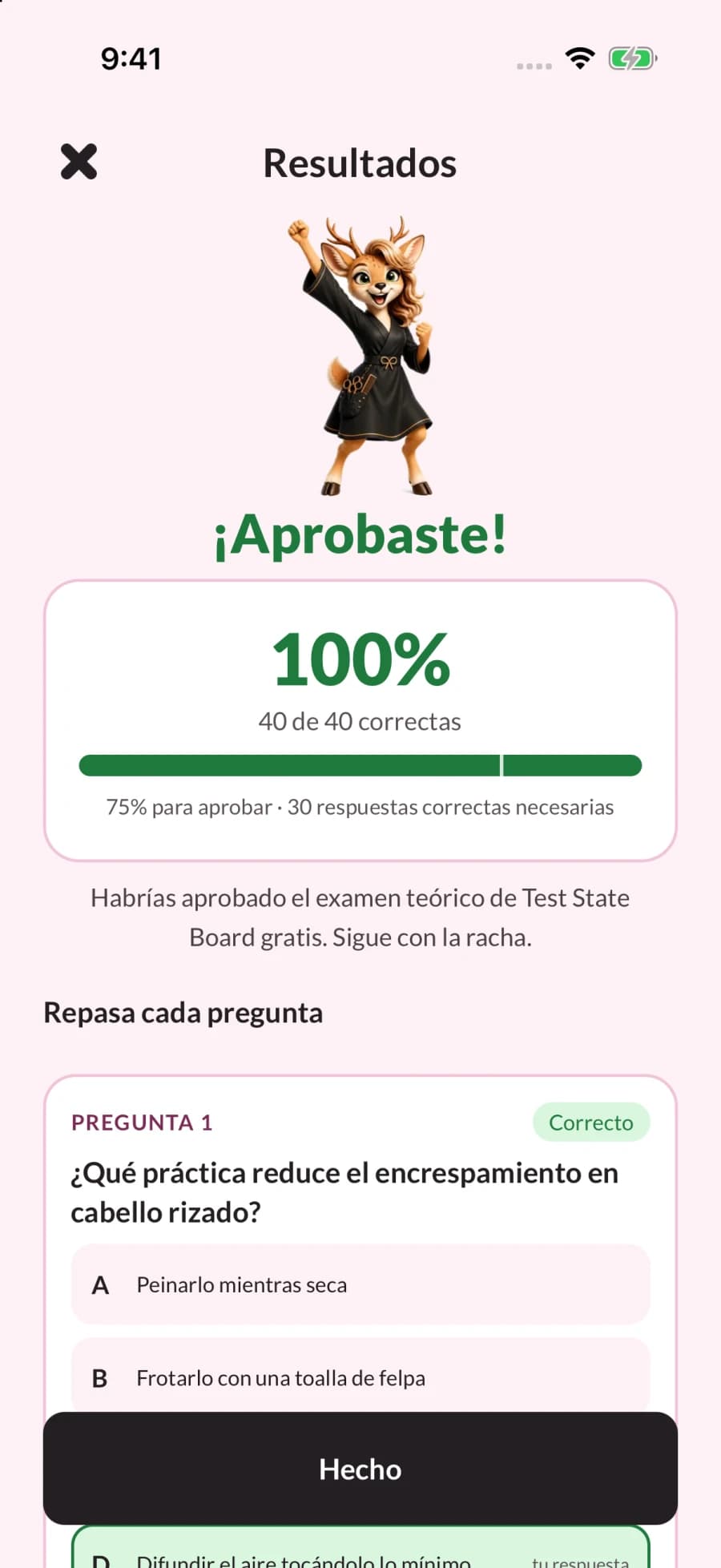 Captura real de GlowExam: Mira tu resultado y repasa