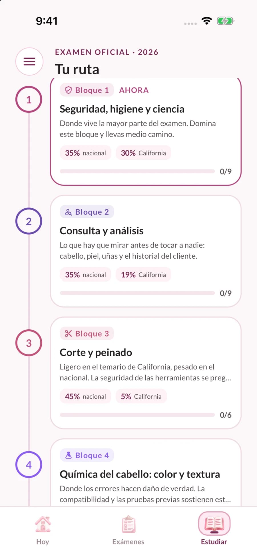 Captura real de GlowExam: Elige tu siguiente tema