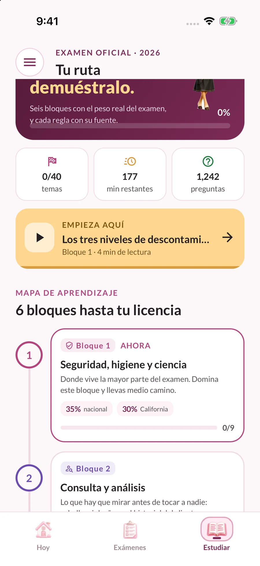 Ruta personalizada de cosmetología en GlowExam con seis bloques