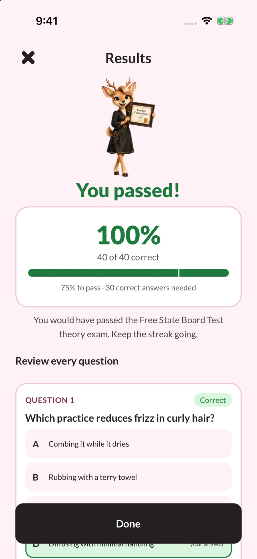 Actual GlowExam screenshot: See your result. Keep learning.