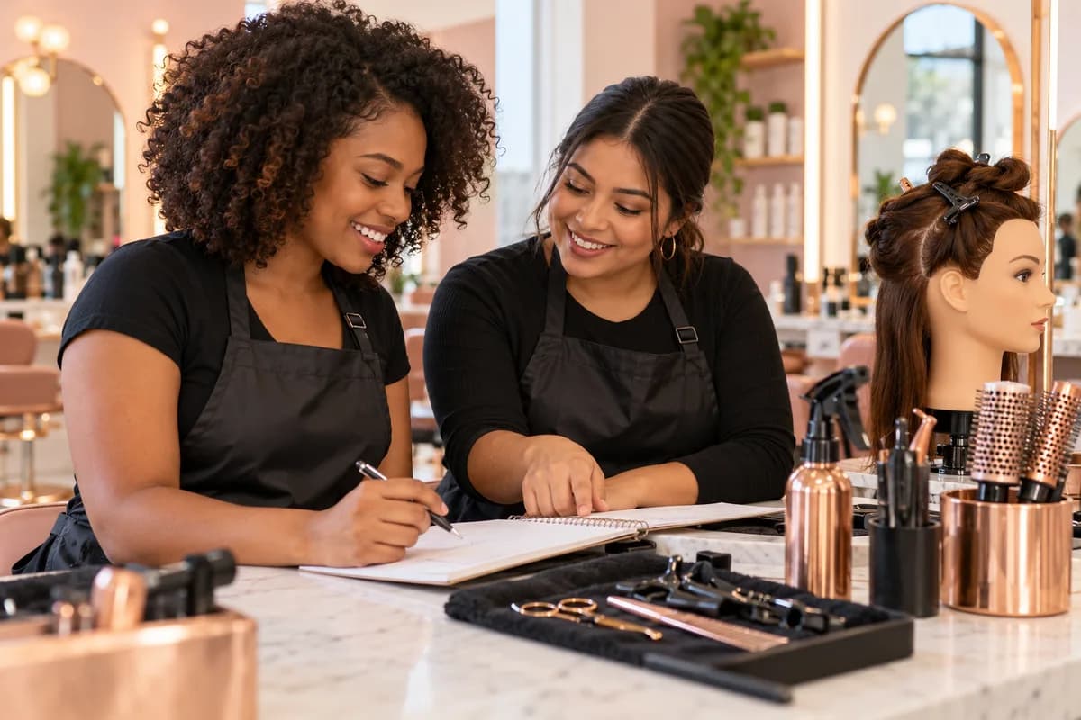 Two cosmetology students studying together in a salon